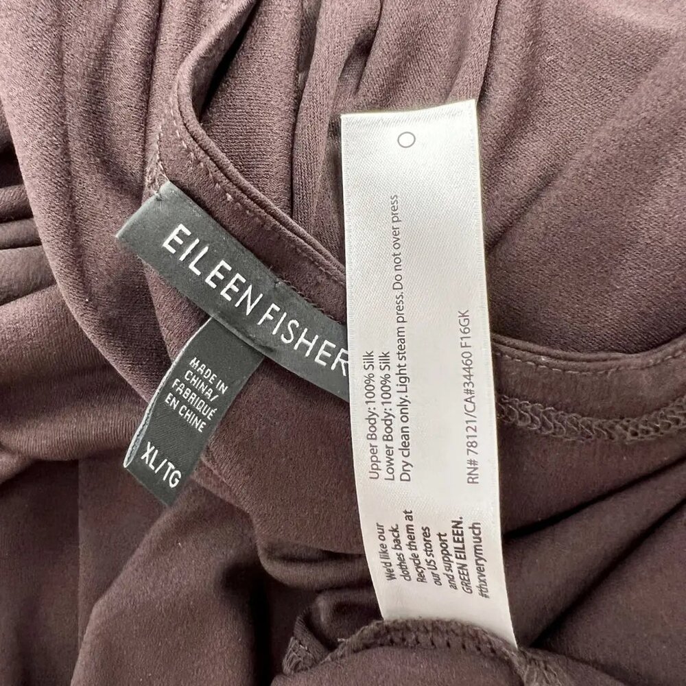 Eileen Fisher 100% Silk Sheer Hem Bateau Neck Tunic Top Brown XL - Picture 5 of 9